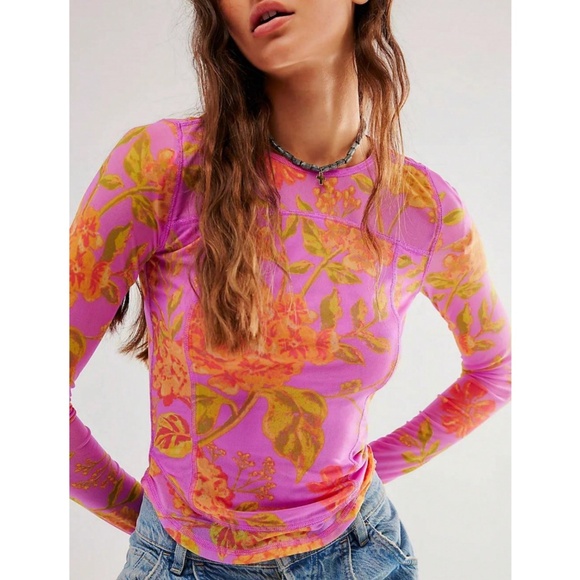 Rouge! Tops - Rouge! Pink Floral Long Sleeve Top with Orange and Green Print NWT